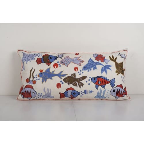 Uzbek Extra Long Suzani Bed Cushion Cover with Animal Motif, | Pillows by Vintage Pillows Store