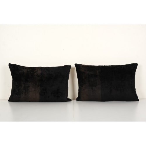 Set of Two Ikat Black Pillow Cover - Pair Silk Velvet Lumbar | Linens & Bedding by Vintage Pillows Store