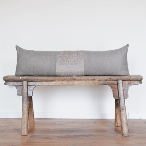 Mushroom Brown Silk with Wool Fur Strip Lumbar Pillow 14x46 | Pillows by Vantage Design