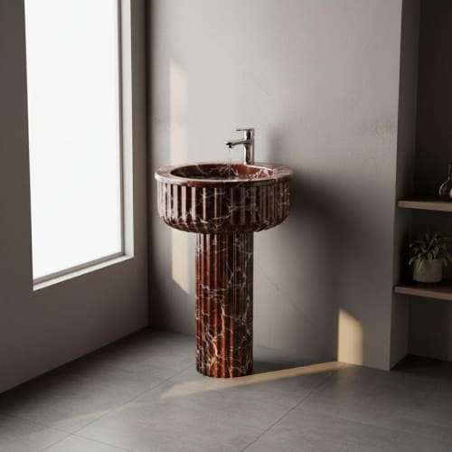 Round Pedestal Rosso Levanto fluted marble sink | Water Fixtures by AYMARBLEDESIGN LLC