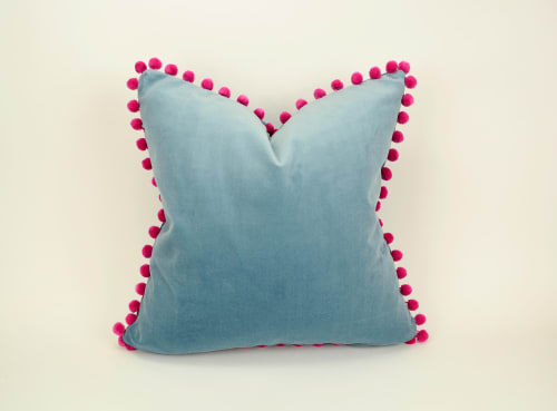 blue velvet pom pom pillow // pink pom pom cushion // blue | Pillows by velvet + linen