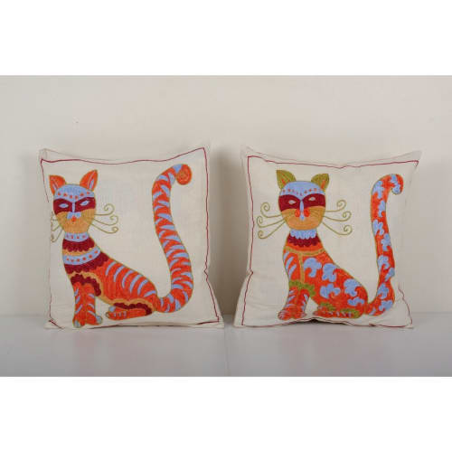 Square Suzani Cat Pillow Made from a Vintage Uzbek Suzani | Linens & Bedding by Vintage Pillows Store