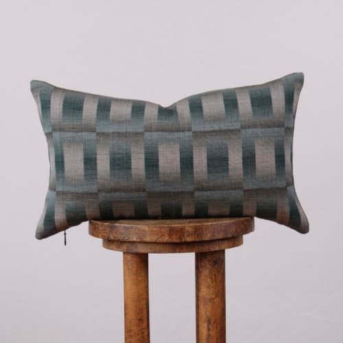 Grey & Peacock Teal Geometric Squares Lumbar Pillow 12x20 | Pillows by Vantage Design