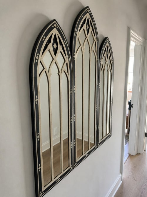 Handmade Bone Inlay Arch Mirror Set of 3, Gothic Cathedral Window Wall Mirror | Decorative Objects by IKKAZA