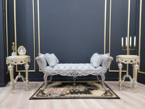 French Style Bench / Gold Leafed with Silver Shades / Tufted | Benches & Ottomans by Art De Vie Furniture