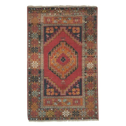 Vintage Oriental Turkish Red Oushak Rug 3'8" X 5'7" | Rugs by Vintage Pillows Store