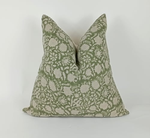 green floral block print pillow, green floral pillow, green | Pillows by velvet + linen