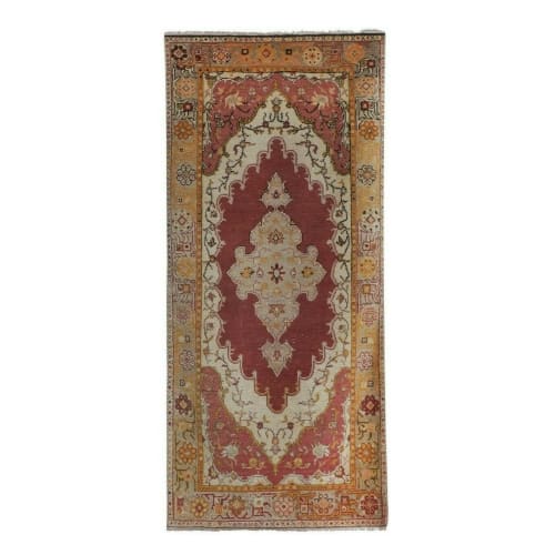 Distressed Oushak Carpet, Decorative Red and Gold Colors Rug | Rugs by Vintage Pillows Store