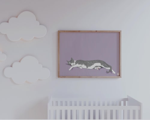 Grey Tuxedo Cat Stretching Art Print, Playful Colorful Wall Art | Prints by The Ugly Cat Studio
