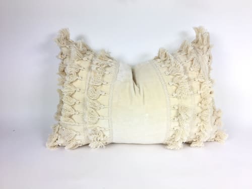 Lumbar pillow // woven pillow // cream tassel cushion | Pillows by velvet + linen