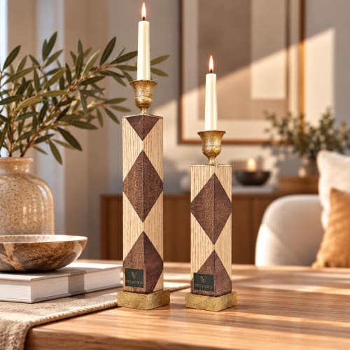 Handmade Oak Mahogany Geometric Candle Holders, Modern Home Decor (Set of 2) | Decorative Objects by Vesta Corte