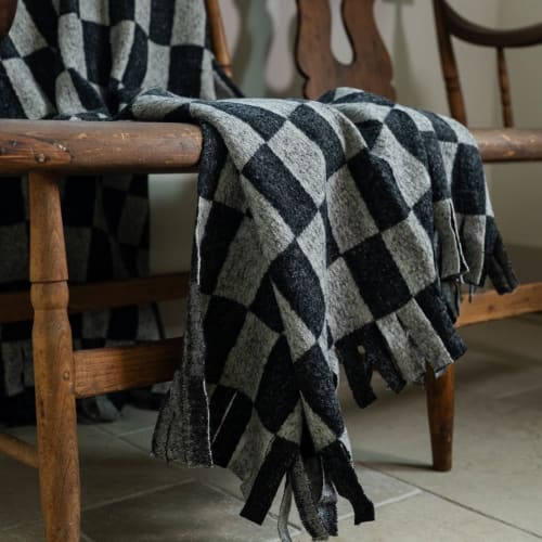Italian Wool and Mohair Grey Checked Half Blanket 59x99 | Linens & Bedding by Vantage Design