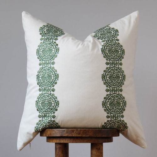 White Cotton with Embroidered Green Floral Medallion Pattern | Pillows by Vantage Design