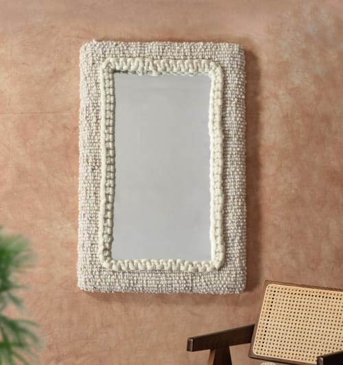 Ivory Handwoven Wool Frame | Modern Boho Rustic Wall Mirror for Living Room and Bedroom | Decorative Objects by Swiflo