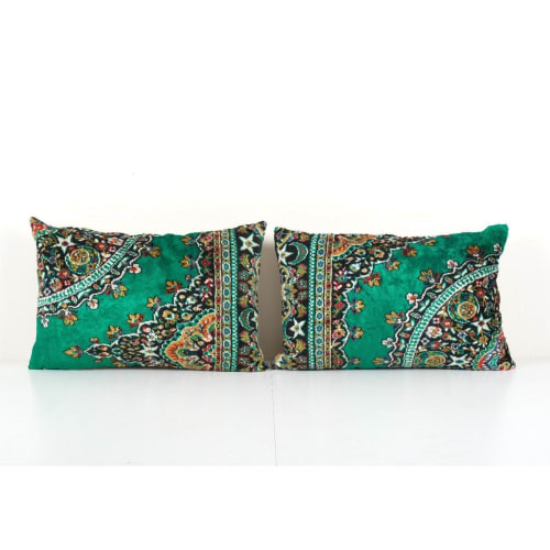 Pair Green Velvet Cushion Cover, Set of Two Designer Lumbar | Pillows by Vintage Pillows Store