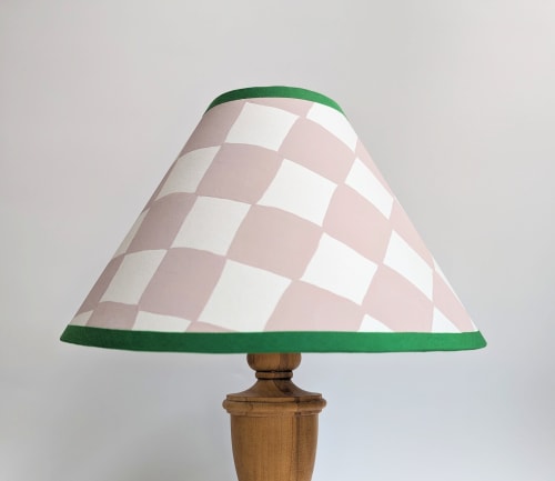 Plaster Pink & Emerald Checkerboard Hand Painted Coolie Lamp | Table Lamp in Lamps by Rosie Gore