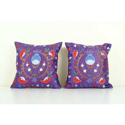 Suzani Silk on Silk Pillow, Set of Two Uzbek Silk Purple Emb | Pillows by Vintage Pillows Store