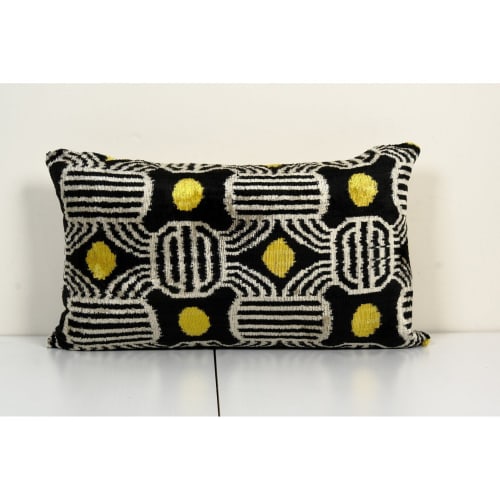 Silk Ikat Velvet Pillow Cover, Black and Yellow Motif | Linens & Bedding by Vintage Pillows Store