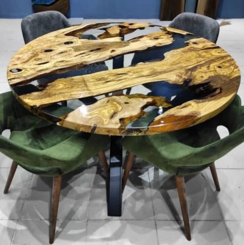 Custom 52" Diameter, Round Olive Wood, Clear Epoxy Dining | Tables by LuxuryEpoxyFurniture