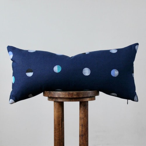 Midnight Blue Linen with Stamped Dot Pattern Lumbar Pillow | Pillows by Vantage Design