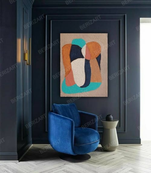 Midcentury modern wall art minimalist navy blue white | Paintings by Berez Art