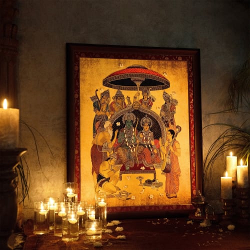 Shri Ram Abhishek Darbar Handmade Embroidered Art With Semi | Wall Hangings by MagicSimSim