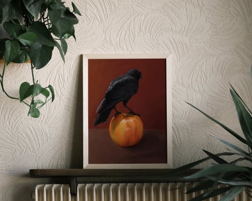 Moody Crow on Apple Print, Black Bird Wall Decor, Giclée Fine Paper | Prints in Paintings by The Ugly Cat Studio