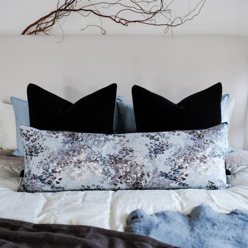 Blue with Cream and Lavender Embroidered Florals Lumbar 16x46 | Pillows by Vantage Design