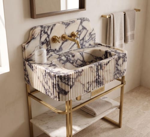 Calacatta Viola Marble Sink, Fluted Vanity, Backsplash, Luxury Powder Room | Water Fixtures by AYMARBLEDESIGN LLC