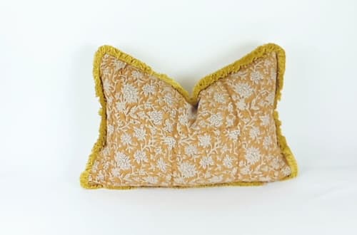 block print pillow, block print fabric, yellow block print | Pillows by Velvet Fringe