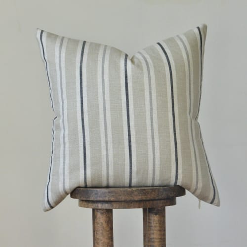 Beige Linen with White, Grey and Black Stripes Pillow 20x20 | Pillows by Vantage Design