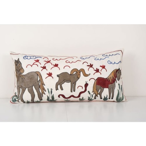 Suzani Animal Garden Long Cushion Cover, Embroidery Tribal H | Pillows by Vintage Pillows Store