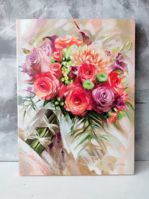 Custom Bridal Bouquet art original, Wedding flowers oil | Paintings by Natart