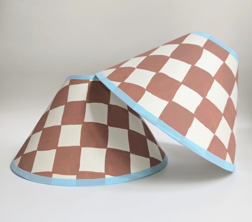 A Pair of Rust & Blue Checkerboard Hand Painted Lampshades | Lamps by Rosie Gore