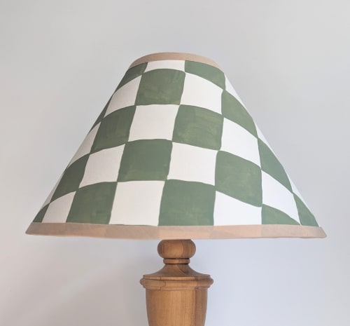 Green & Cream Checkerboard Hand Painted Coolie Lampshade | Table Lamp in Lamps by Rosie Gore