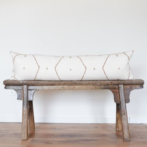 Cream Wool with Caramel Colored Motifs Lumbar Pillow 14x48 | Pillows by Vantage Design