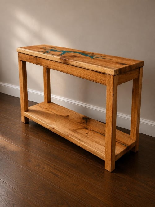 Handcrafted Solid White Oak Wood Console Table with Turquoise Epoxy Inlay | Tables by Pelican State Woodworks