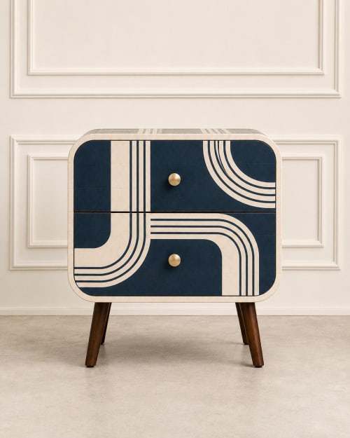 Handmade Art Deco Bone Inlay Nightstand Chic Bedside Table, Brass Knobs, Walnut Legs | Storage by IKKAZA