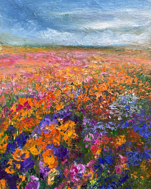 Rainy Pink Flower Field | Oil And Acrylic Painting in Paintings by Checa Art
