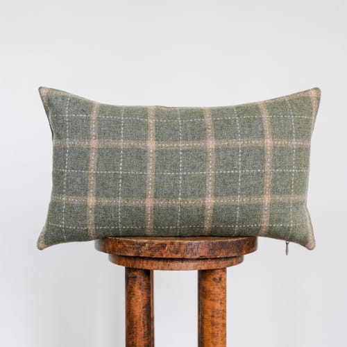 Green Wool Plaid with Tan Stripes Lumbar Pillow 12x20 | Pillows by Vantage Design