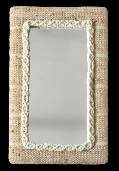 Handwoven Jute Wool Wall Mirror, Rustic Boho Farmhouse Decor | Decorative Objects by Swiflo
