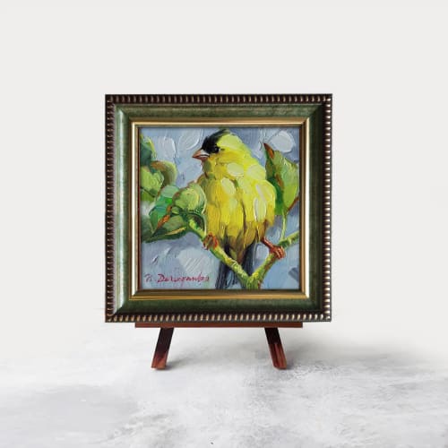 American goldfinch bird oil painting original framed 4x4 | Oil And Acrylic Painting in Paintings by Natart