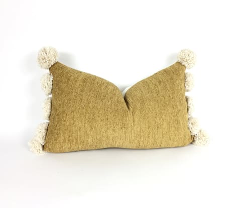 Mustard pom pom pillow // tassel pillow // neutral cushion | Pillows by velvet + linen
