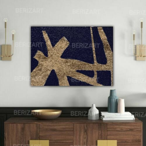Large Gold Leaf Art Metal Shine Navy Blue Wall Art 3D | Oil And Acrylic Painting in Paintings by Berez Art