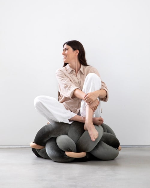 (L) Olive Green Velvet Knot Floor Cushion | Pouf in Pillows by Knots Studio