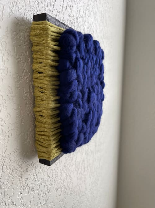 Woven Tile- Fluff-Blue and Lime | Wall Sculpture in Wall Hangings by Mpwovenn Fiber Art by Mindy Pantuso