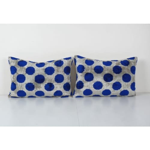 Silk Ikat Velvet Pillowcase, Set of Two Blue Lumbar Cushion, | Pillows by Vintage Pillows Store