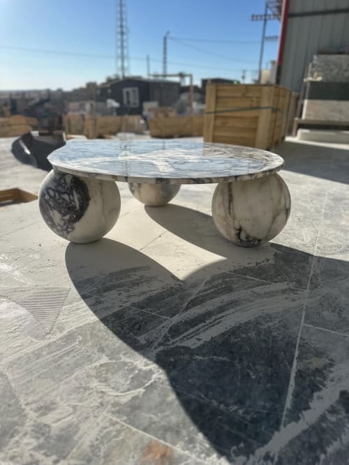 Round Calacatta Viola Marble Coffee Table with Sphere Bases, Fully Customizable Nesting Table | Side Table in Tables by AEGEAN MARBLE ARTISAN ATELIER