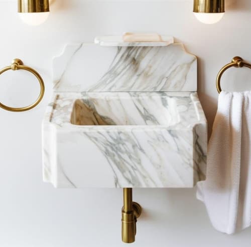 Calacatta Monet Marble Sink with Backsplash | Water Fixtures by AYMARBLEDESIGN LLC