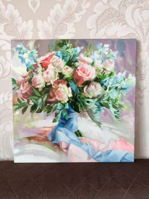 Bridal flowers portrait, Custom wedding bouquet painting | Oil And Acrylic Painting in Paintings by Natart